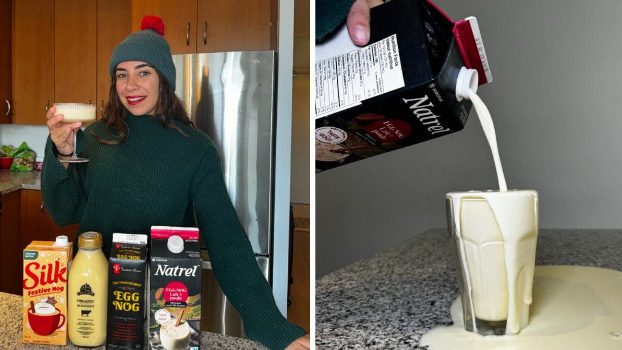 A person standing behind four eggnog bottles with a glass of the beverage in her hand. Right: An overflowing glass of eggnog.