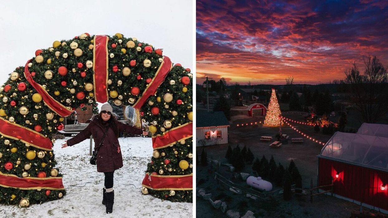 A person standing beneath a Christmas archway. Right: A farm with Christmas decor.