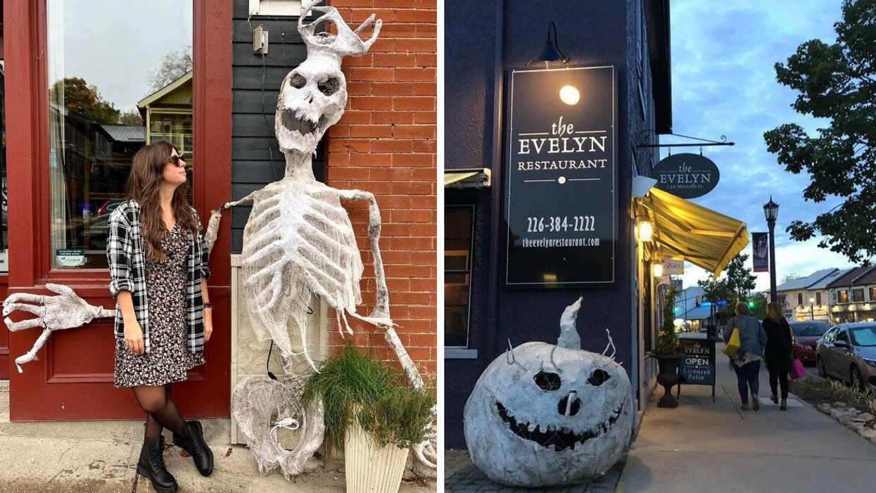 A person standing beside a skeleton. Right: A pumpkin sculpture on a street.