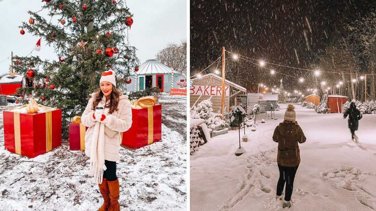 A person standing beside Christmas decor. Right: A person standing in a Christmas market at night.