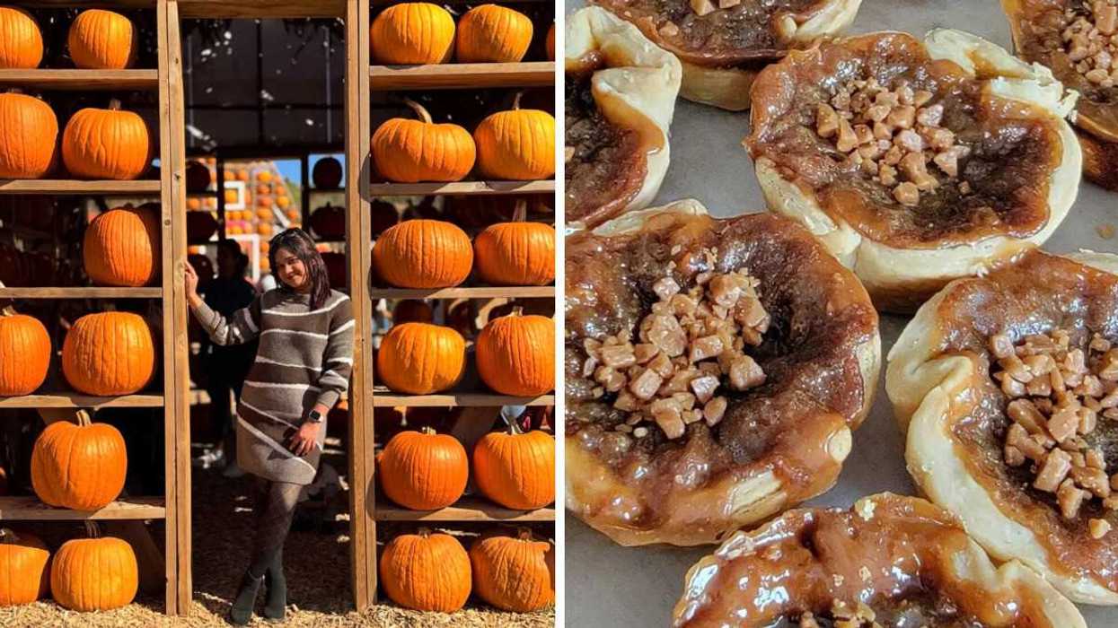 A person standing between shelves of pumpkins. Right: Several butter tarts.