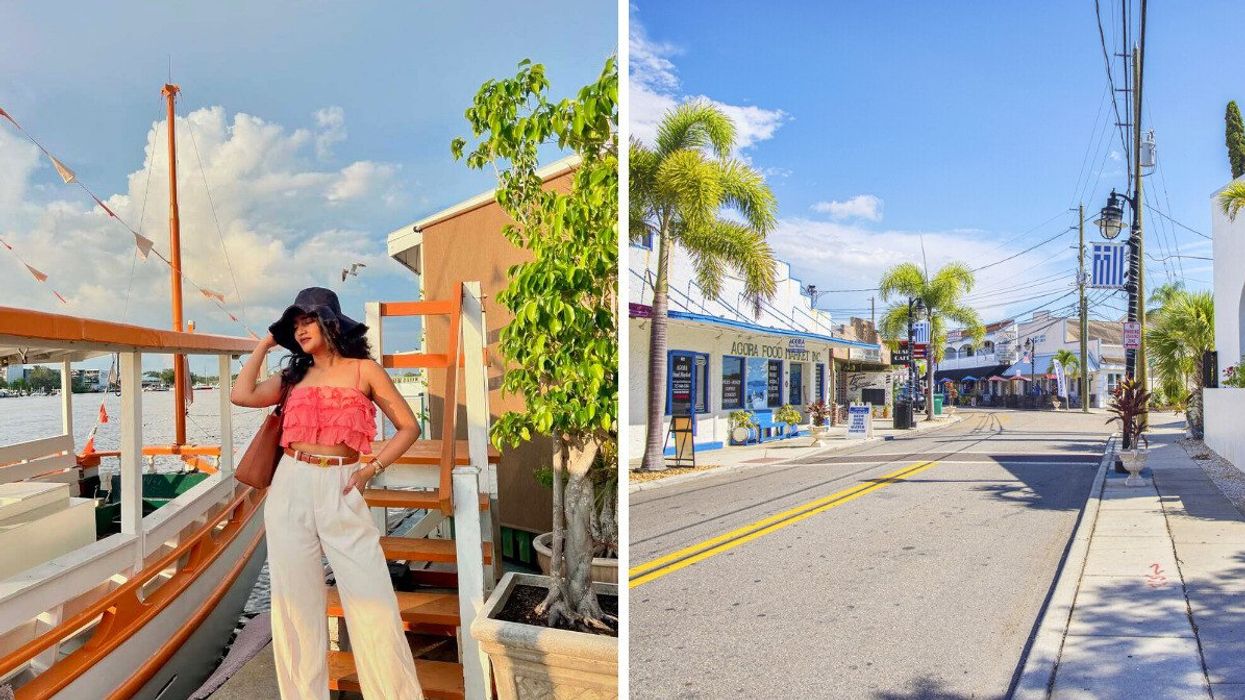 A person standing by a boat. Right: A main street with palm trees.