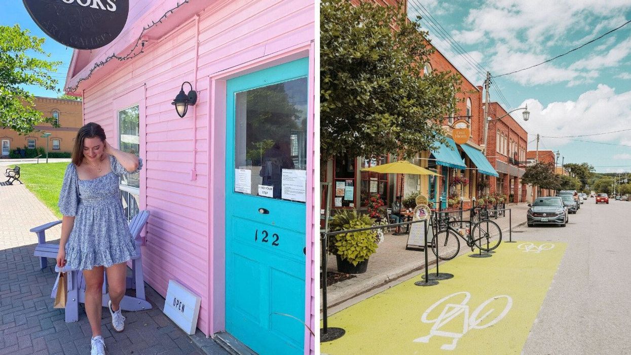 A person standing by a book shop in Creemore, Ontario. Right: Creemore, Ontario.