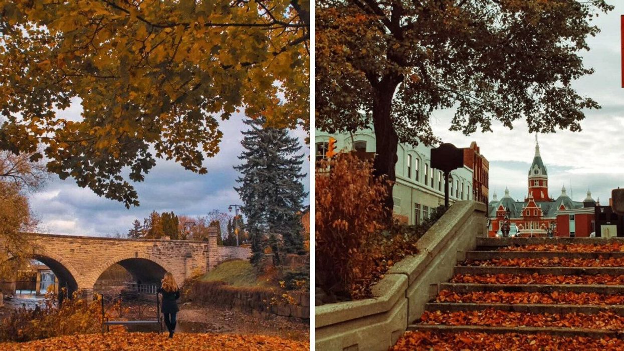 A person standing by a bridge. Right: A city during the fall.