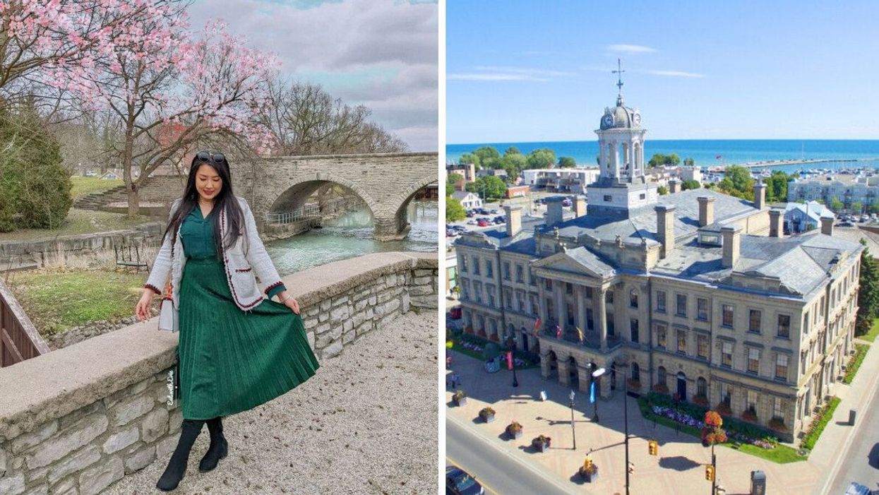 A person standing by a bridge. Right: A historic building by blue water.
