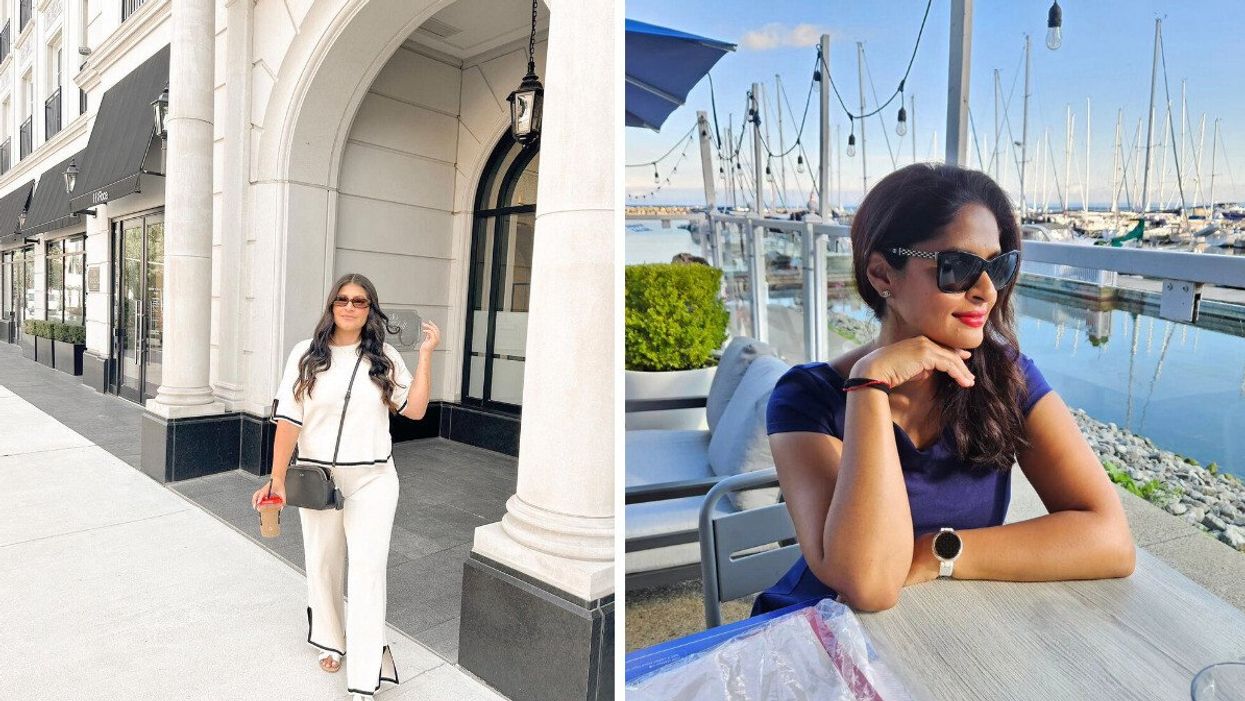 A person standing by a building. Right: A person sitting on a patio by the water.