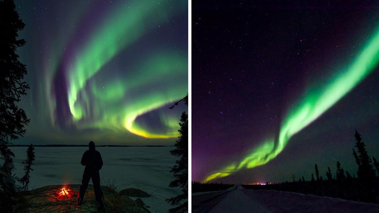 A person standing by a campfire, looking at northern lights. Right: Northern lights over a road.