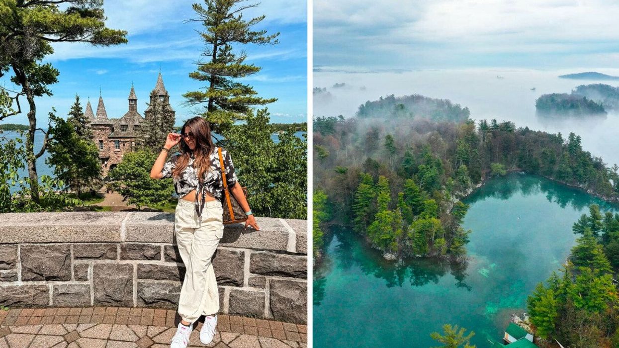 A person standing by a castle. Right: A view of islands.