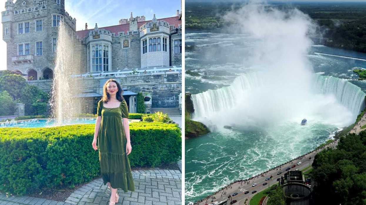 A person standing by a castle. Right: A waterfall.