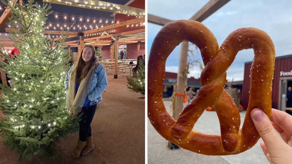 A person standing by a Christmas tree. Right: A pretzel.