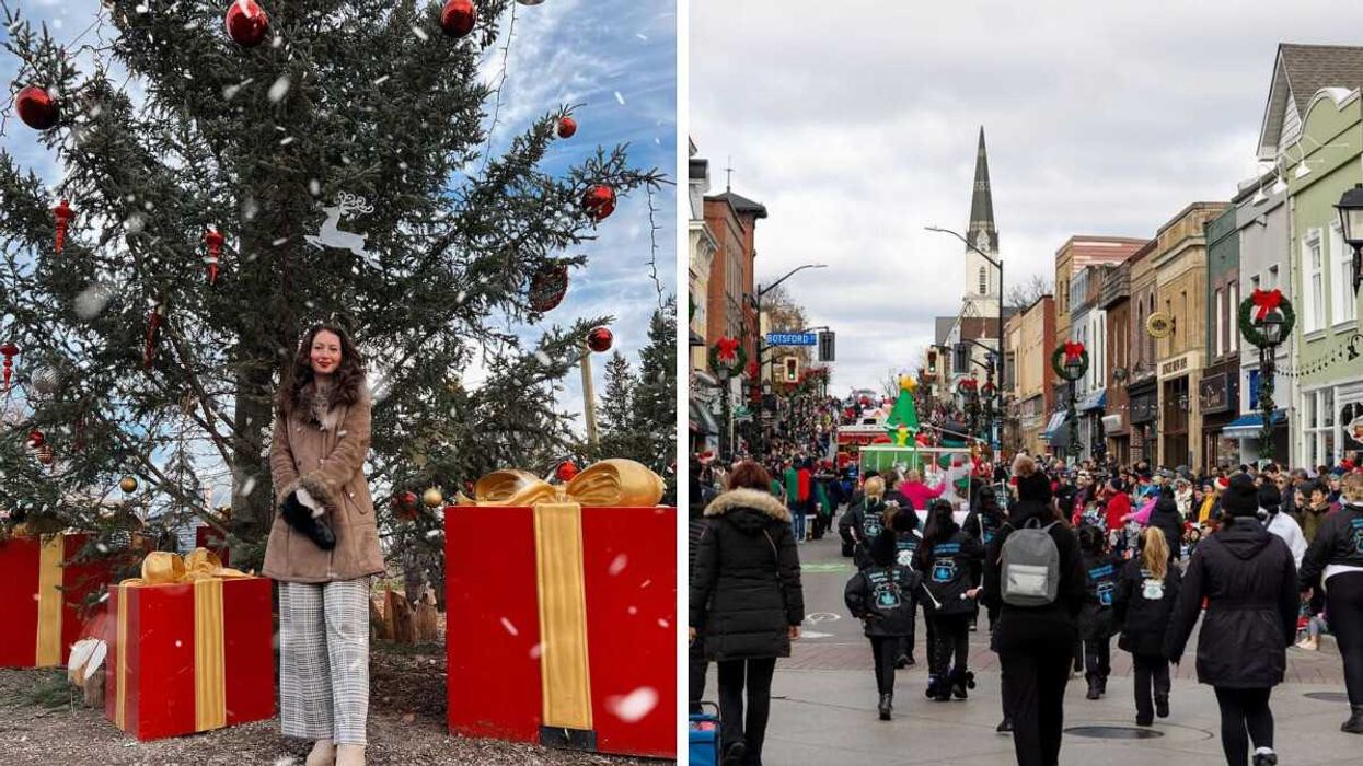 A person standing by a Christmas tree. Right: People walking along a main street at Christmas.
