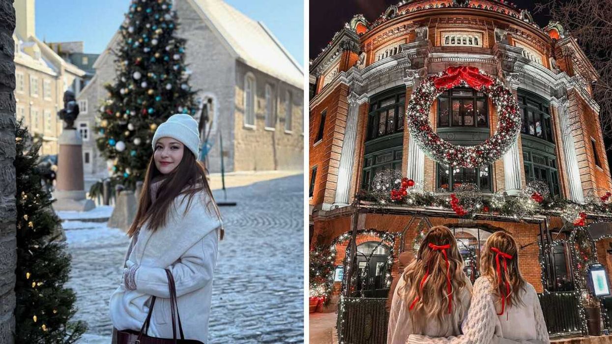 A person standing by a Christmas tree. RIght: Two people standing outside a store with Christmas decorations.