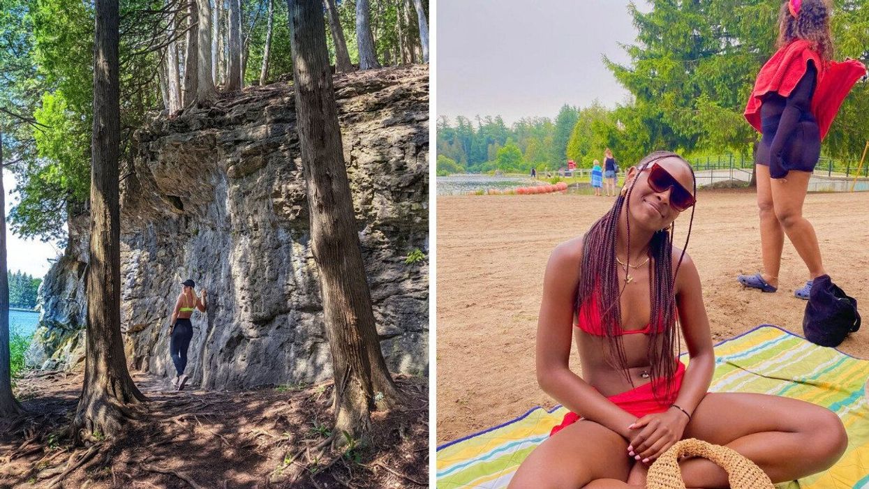 A person standing by a cliff. Right: A person sitting on a beach.