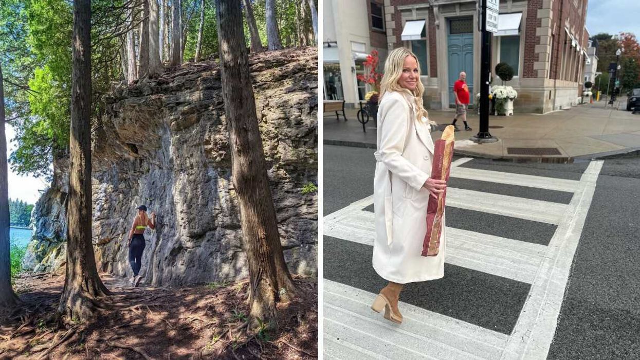 A person standing by a cliff. Right: A person walking down a street.
