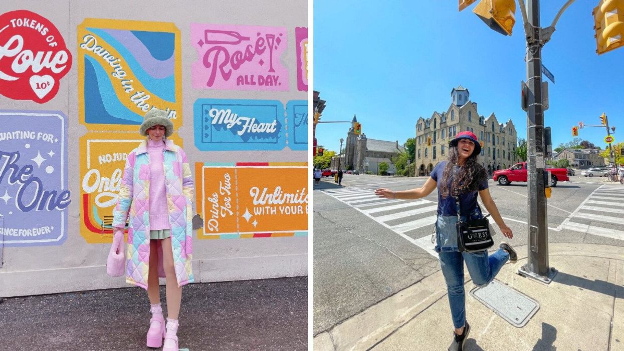 A person standing by a colourful wall. Right: A person standing by an intersection.