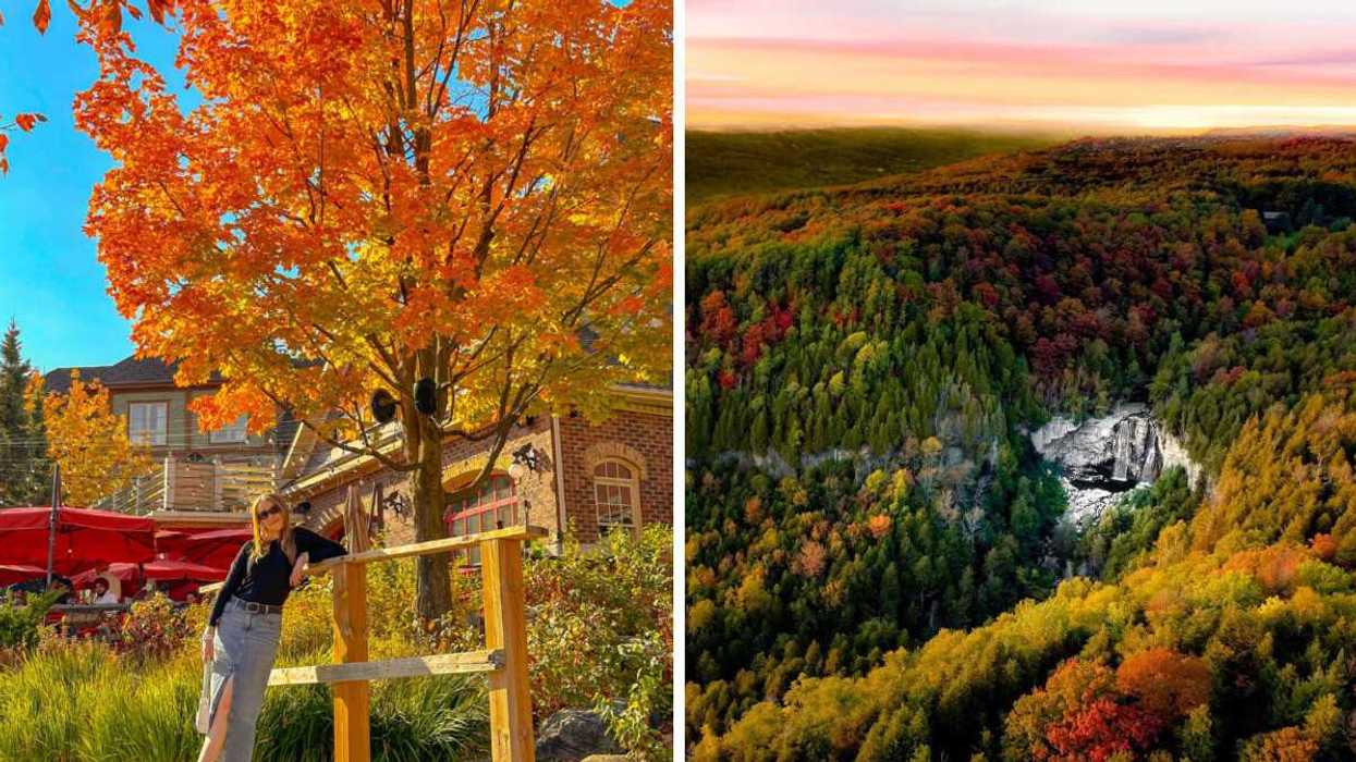 A person standing by a fall tree. Right: A waterfall surrounded by fall colours.