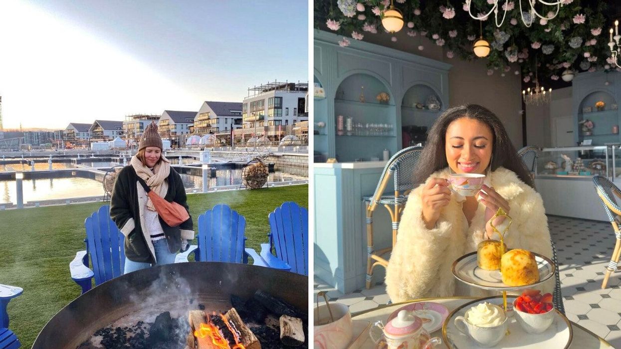 A person standing by a fire pit. Right: A person drinking tea.