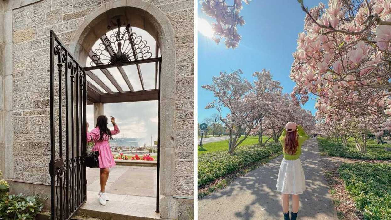 A person standing by a gate. Right: A person surrounded by pink blossoms.