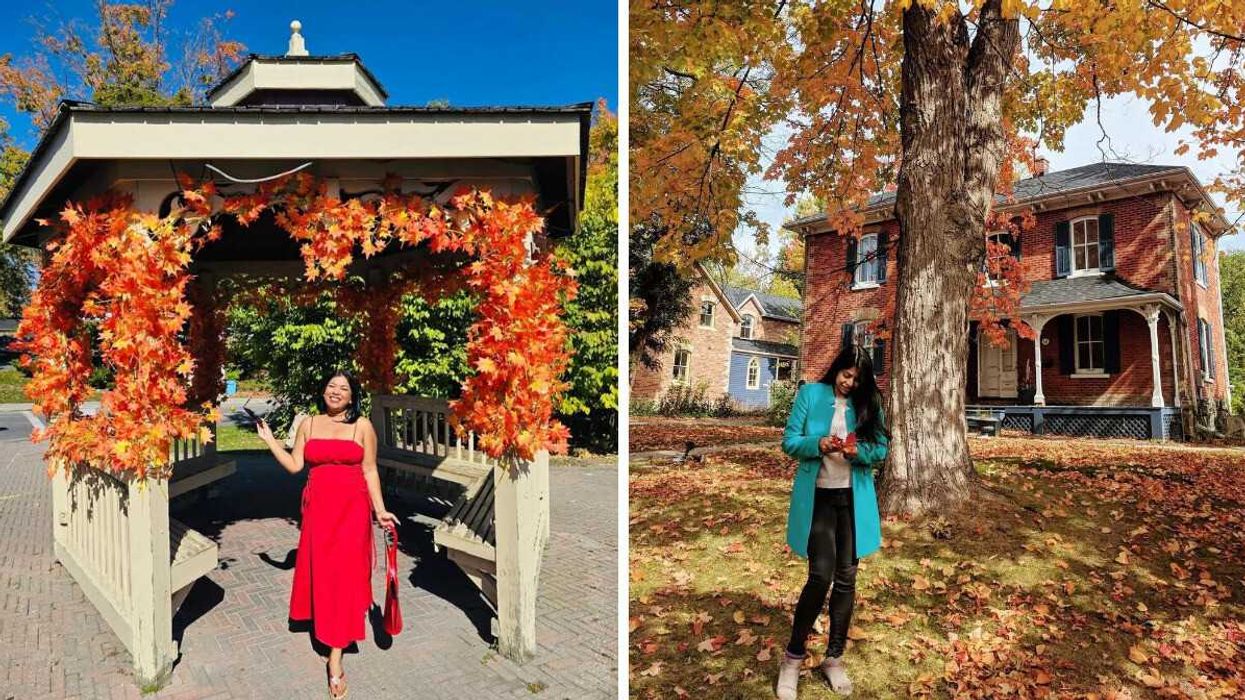 A person standing by a gazebo. Right: A person standing outside a house.
