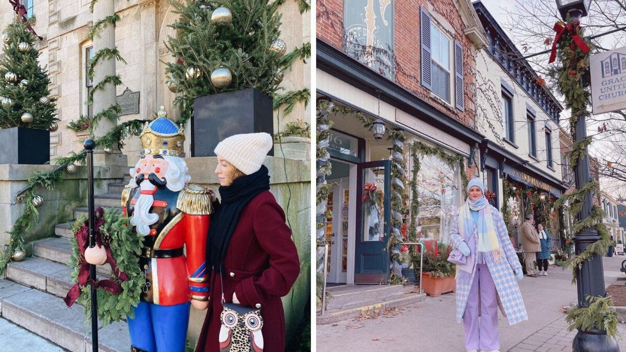 A person standing by a giant nutcracker. Right: A person walking down the street.