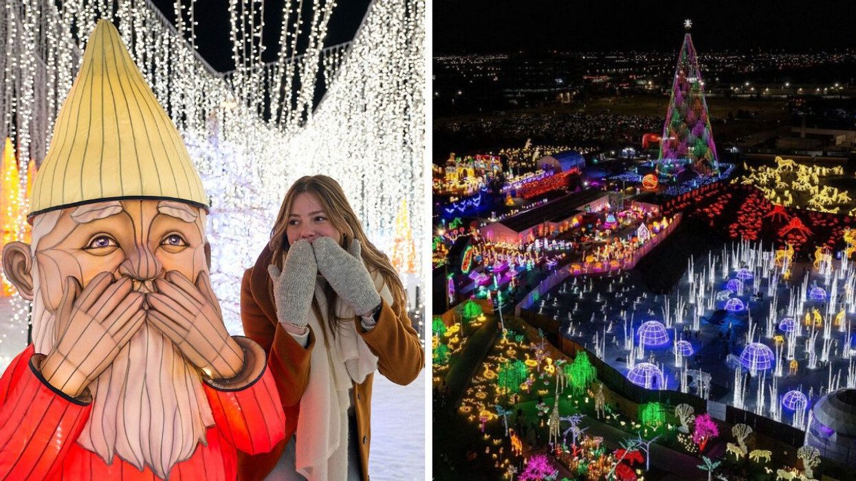 A person standing by a gnome installation. Right: An aerial view of a light show.