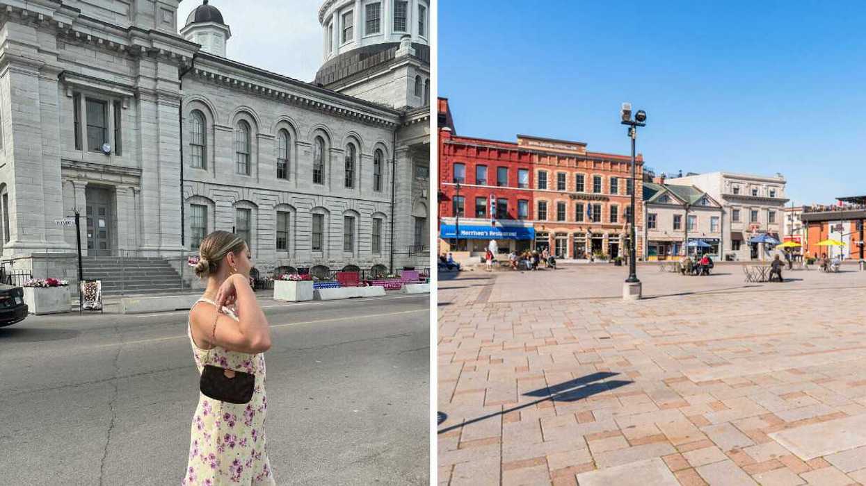 A person standing by a historic building. Right: A historic city square.
