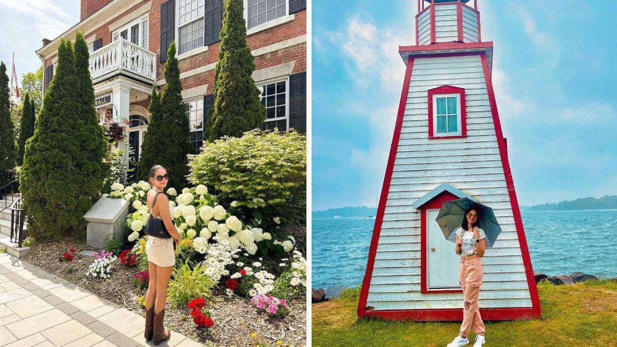 A person standing by a historic building. Right: A person standing in front of a lighthouse.