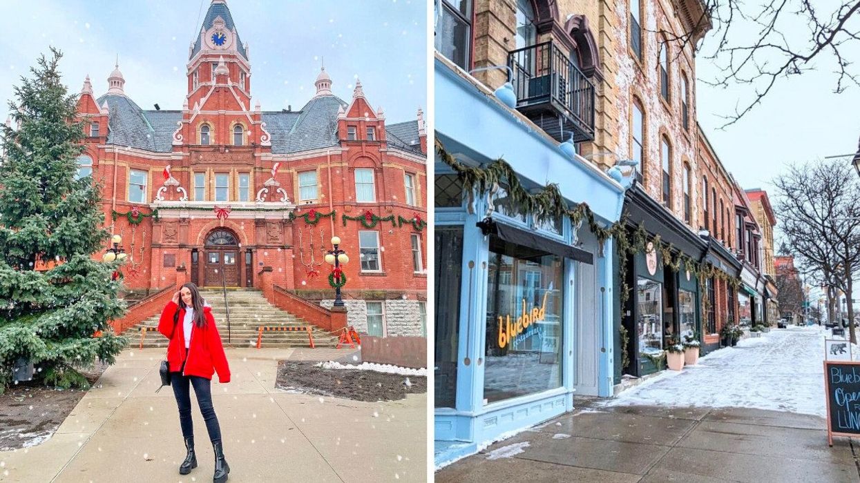 A person standing by a historic building. Right: A street with garland.