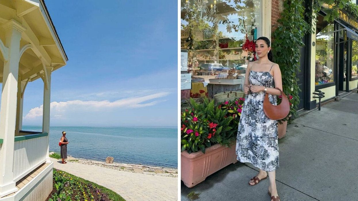 A person standing by a lake. Right: A person standing on a street.