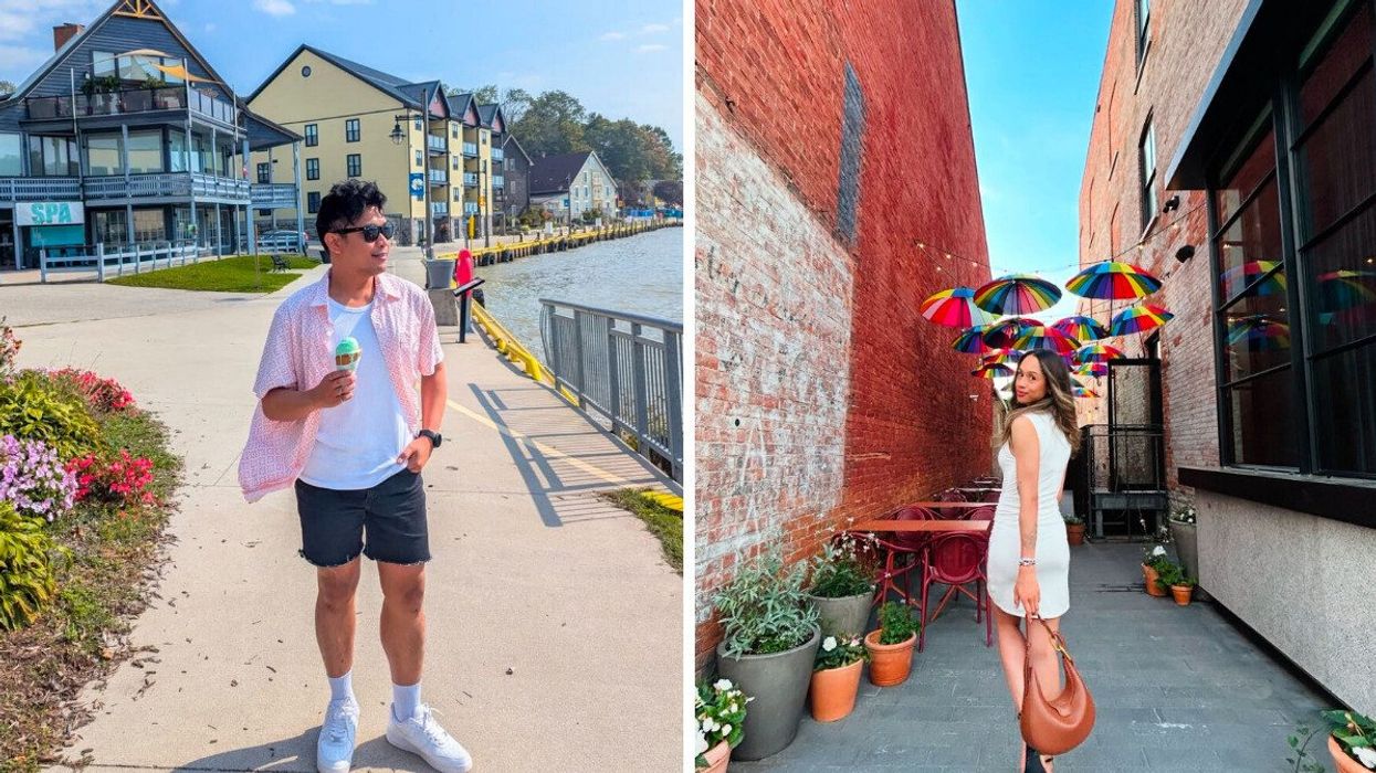 A person standing by a lake. Right: A person walking down an alleyway.