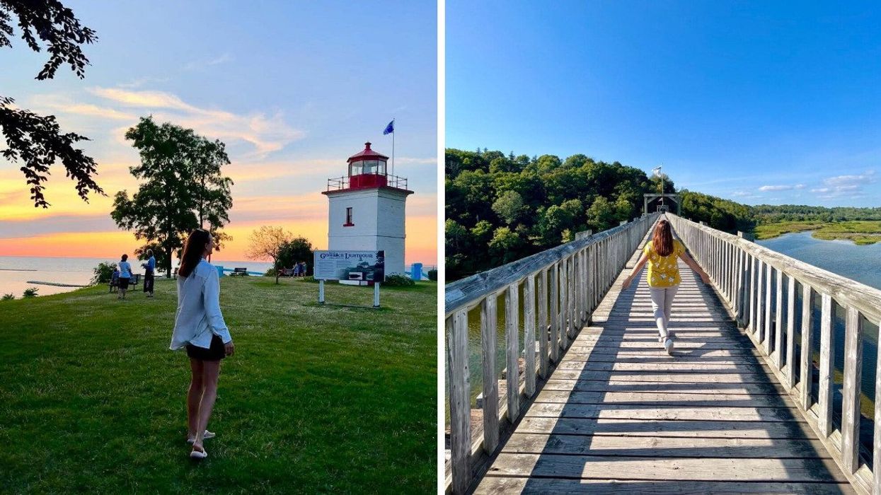 A person standing by a lighthouse. Right: A person walking across a bridge.