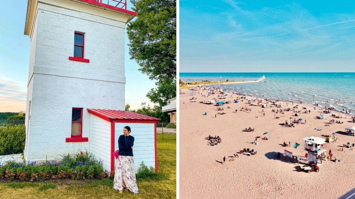 A person standing by a lighthouse. Right: A sandy beach.