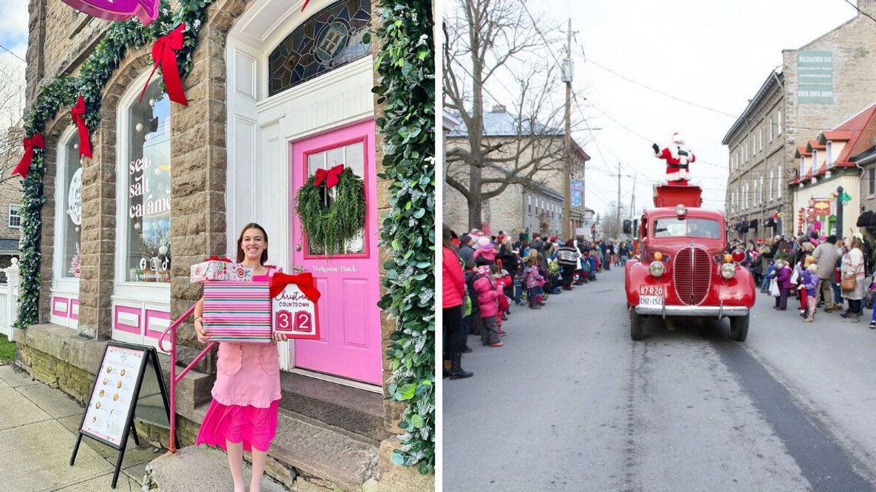 A person standing by a pink door holding presents. Right: Santa riding in a red truck.