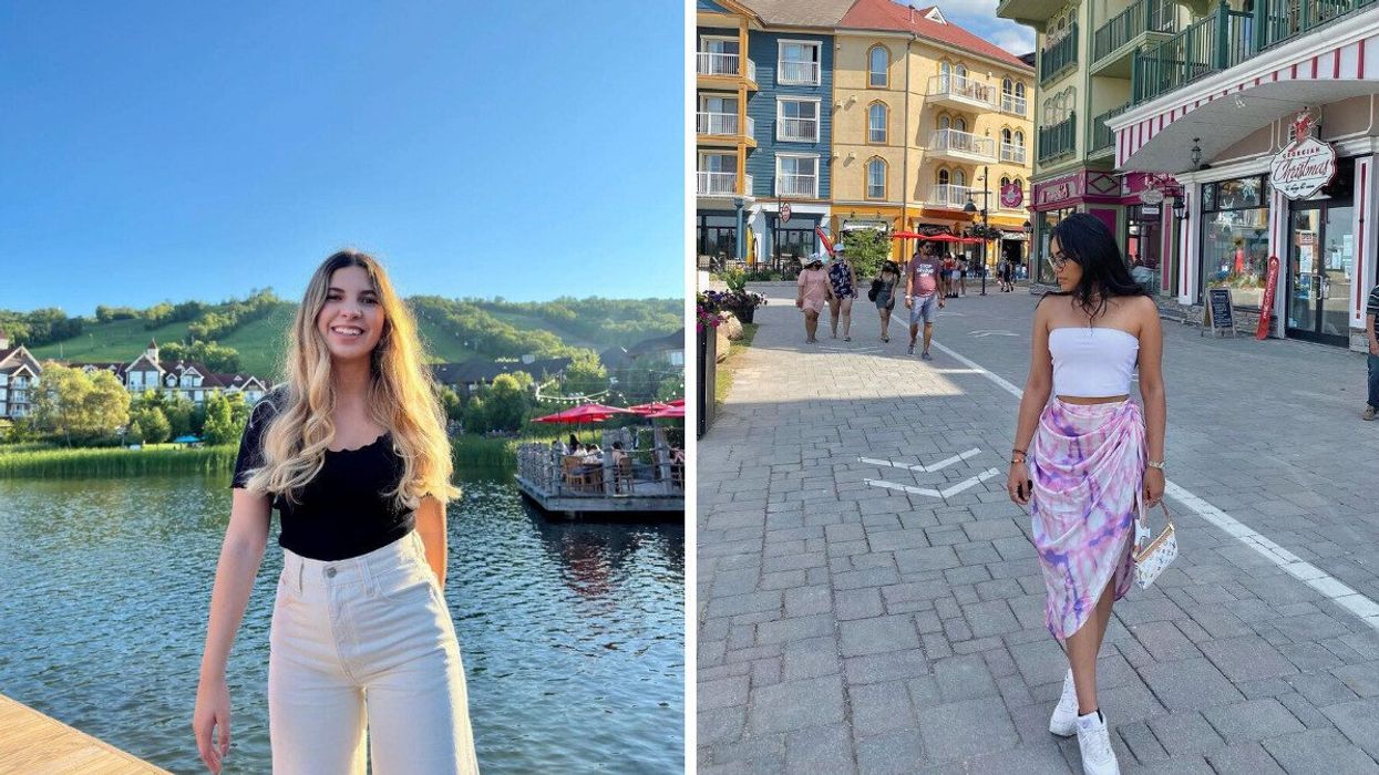 A person standing by a pond. Right: A person walking down a street.