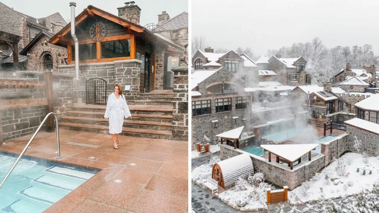 A person standing by a pool. Right: A spa during the winter.