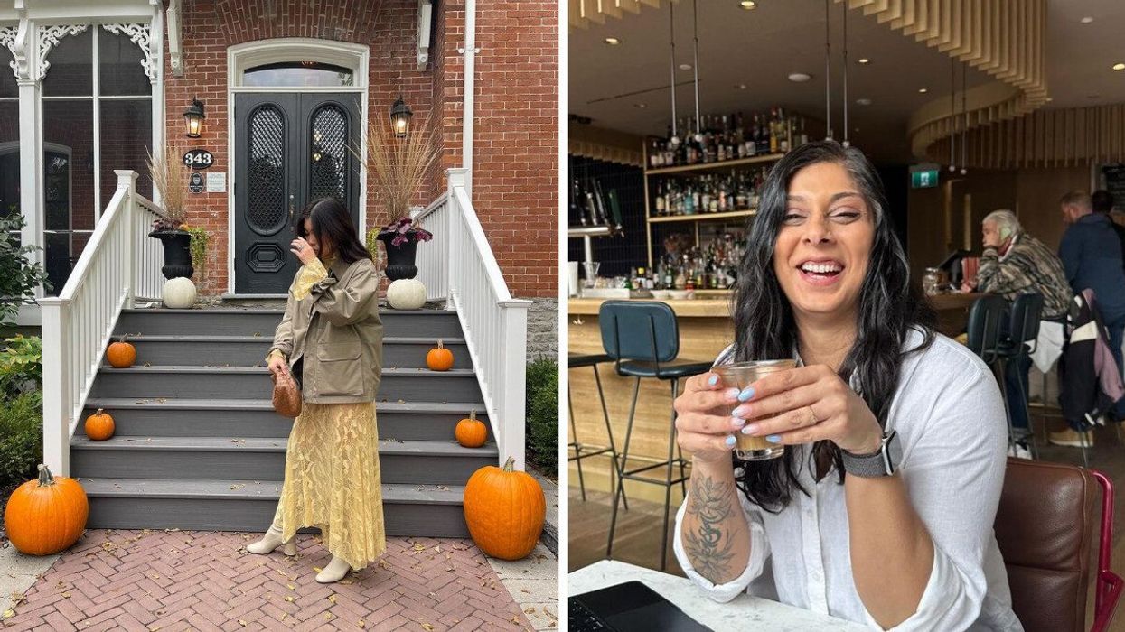 A person standing by a porch with pumpkins on it. Right: A person holding a cup of coffee.