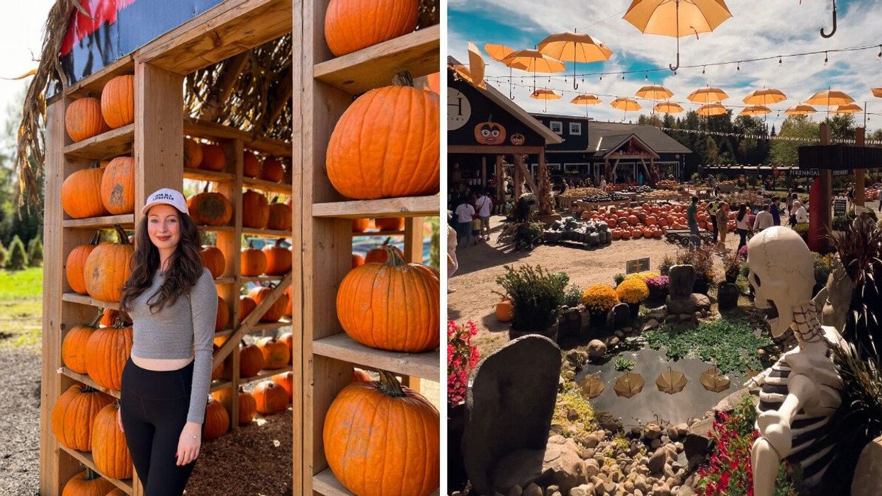 A person standing by a pumpkin house. Right: A nursery with fall decor.