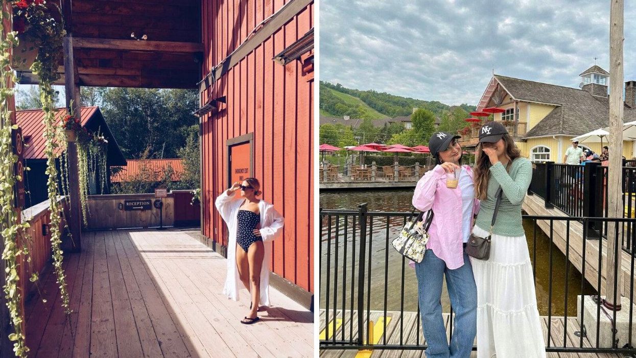 A person standing by a red building. Right: Two people standing on a boardwalk.
