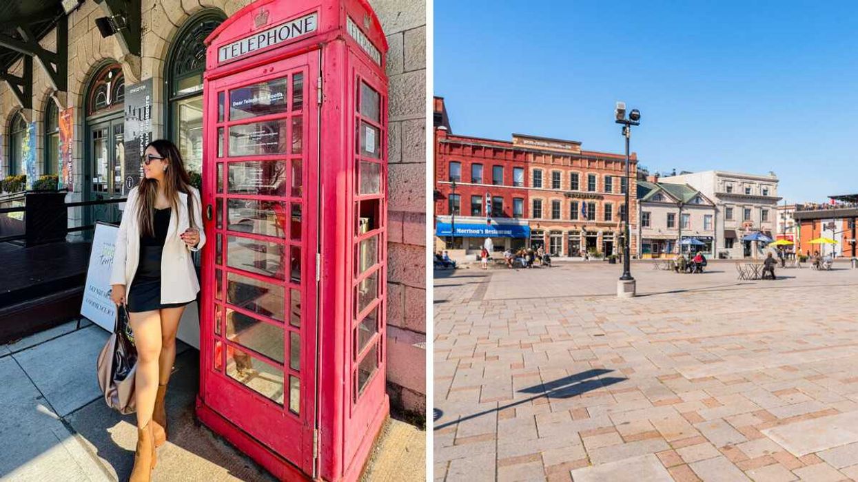 A person standing by a red telephone booth. Right: A historic town square.