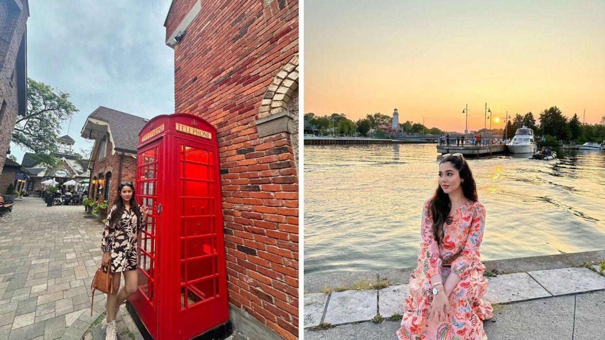 A person standing by a red telephone booth. Right: A person sitting by a lake.