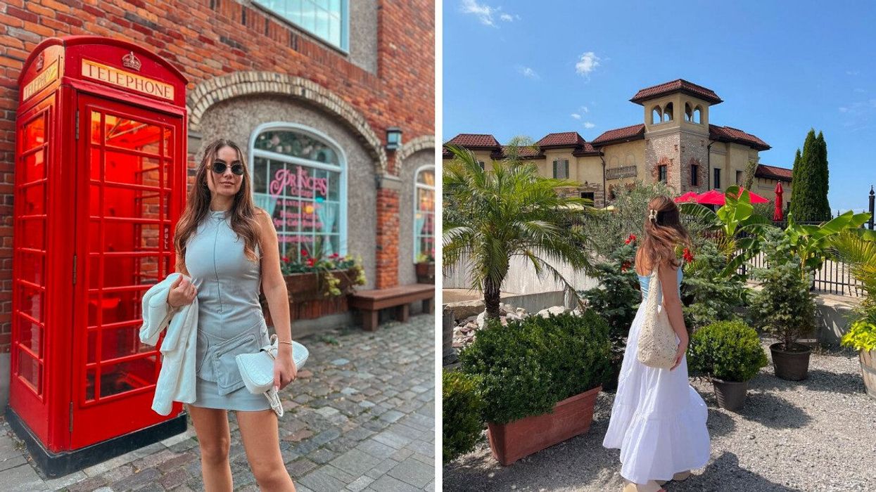 A person standing by a red telephone booth. Right: A person standing by a historic building and plants.