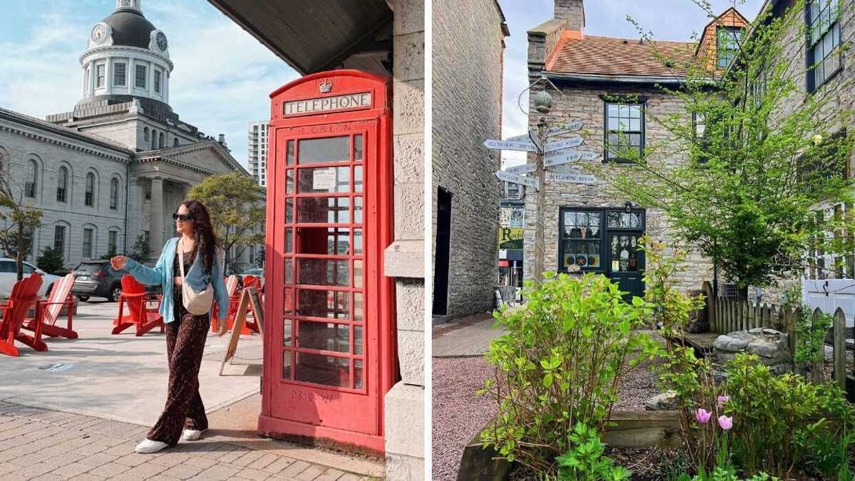 A person standing by a red telephone booth. Right: A stone building.