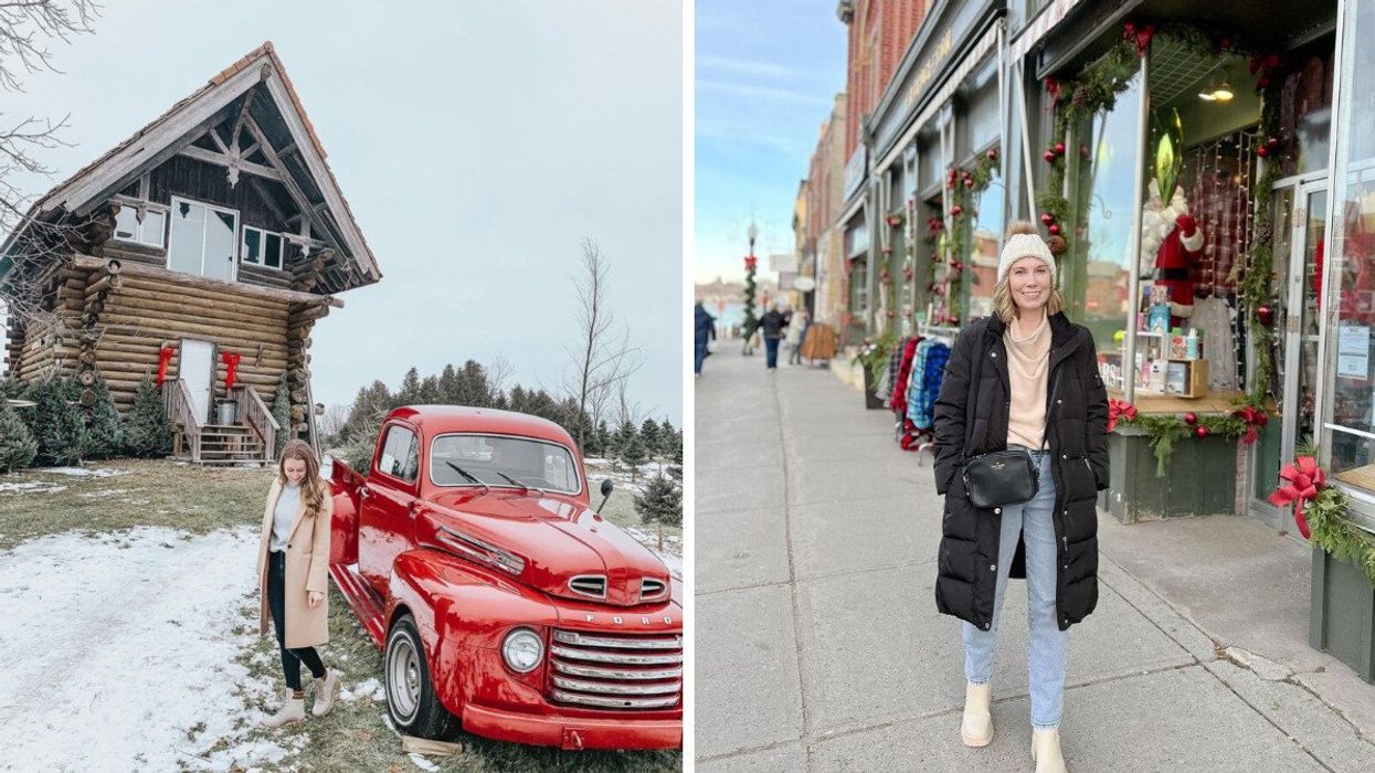 A person standing by a red truck. Right: A person walking down a street with Christmas decor.