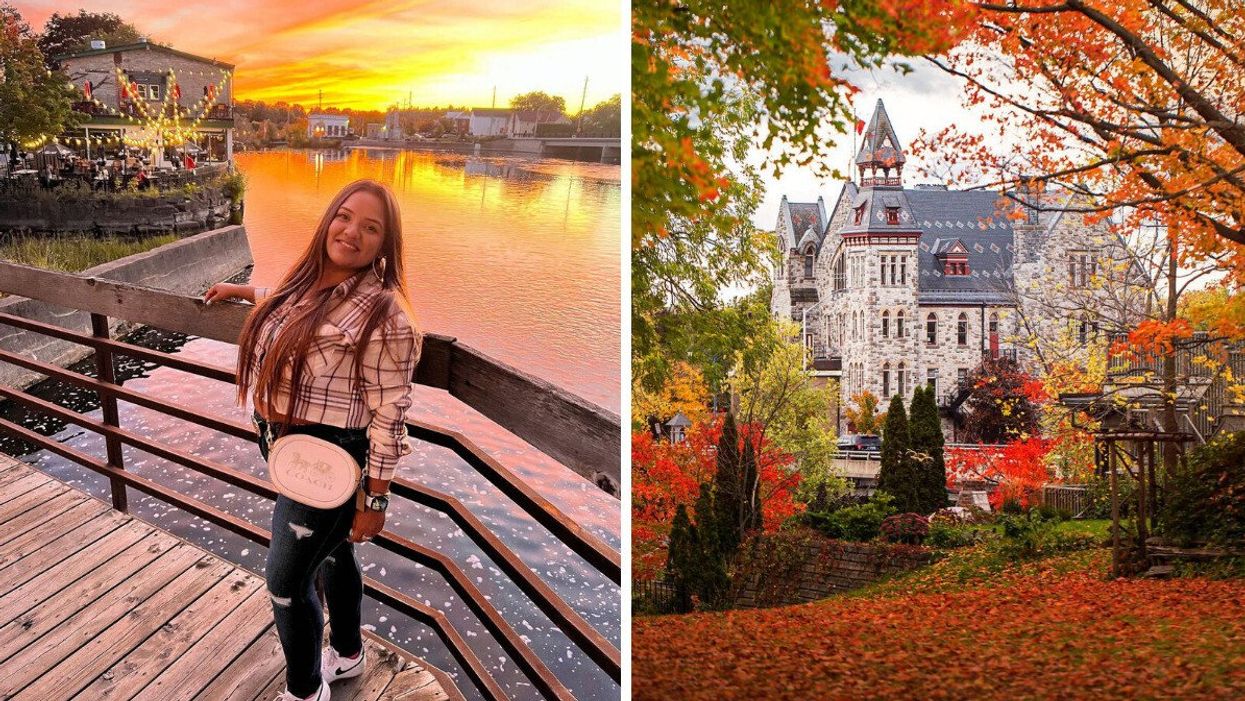 A person standing by a river. Right: A building surrounded by fall colours.
