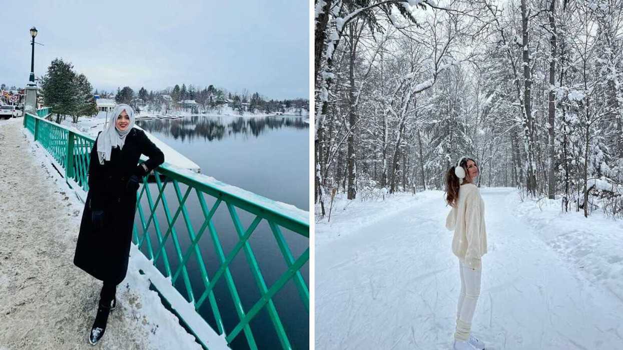 A person standing by a river. Right: A person skating.