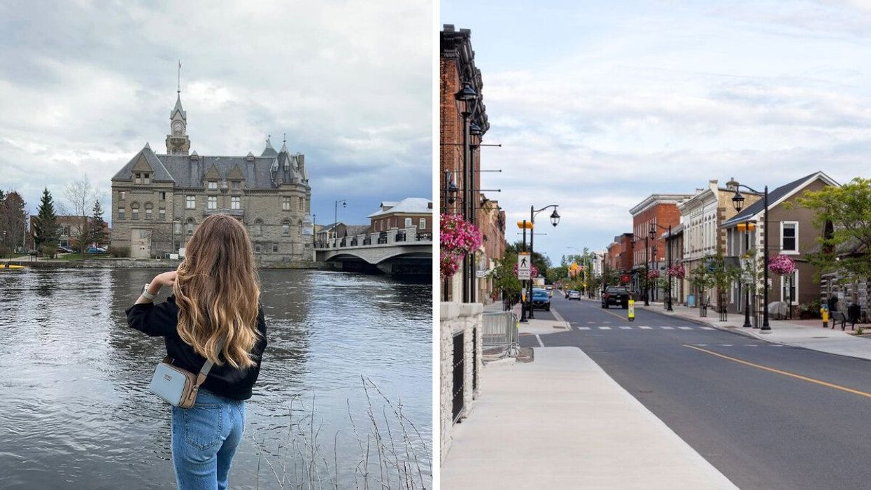 A person standing by a river. Right: A small town.