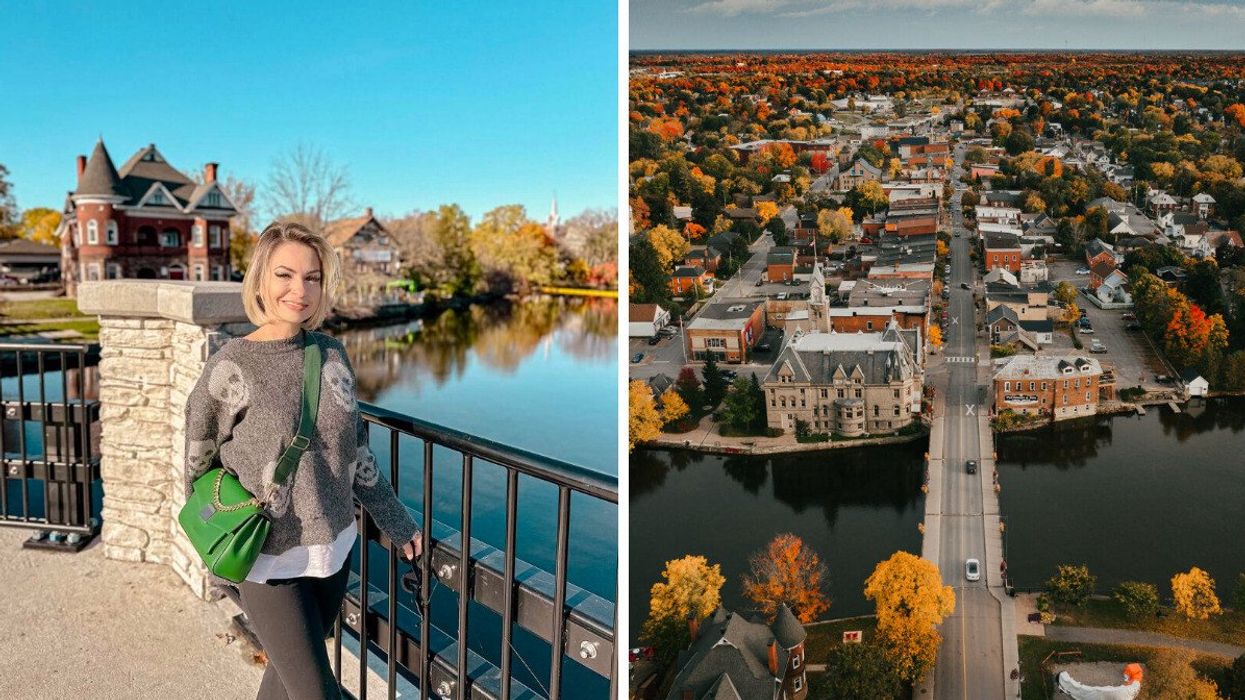 A person standing by a river. Right: An aerial view of a town during fall.