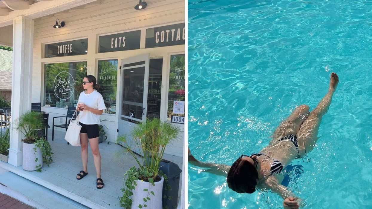 A person standing by a shop. Right: A person swimming in the water.