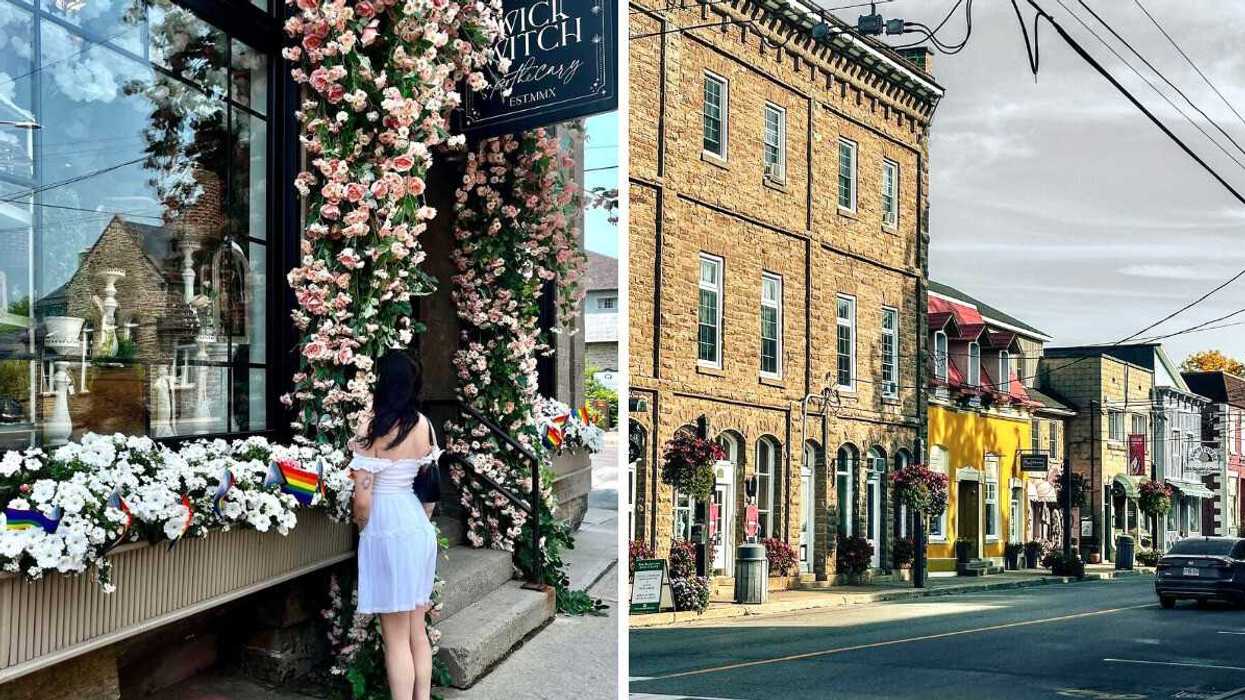 A person standing by a shop window. Right: A historic street.