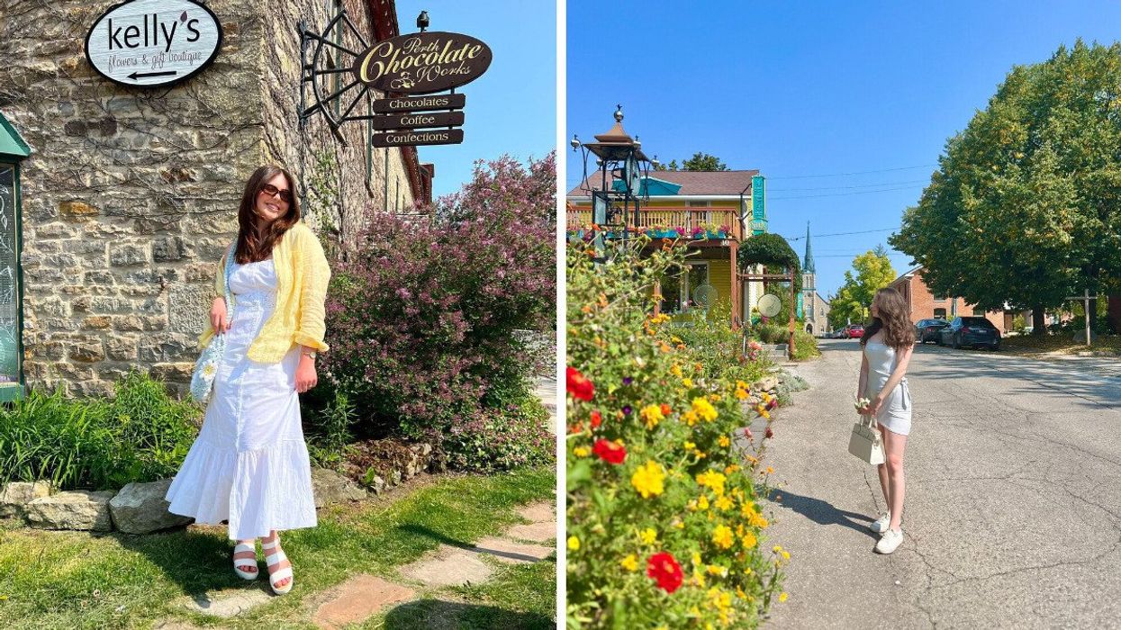 A person standing by a stone building. Right: A person standing by flowers.